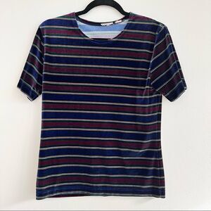 Vintage Striped Navy Maroon Green Gold White Velvet Stretch T-shirt Size Medium